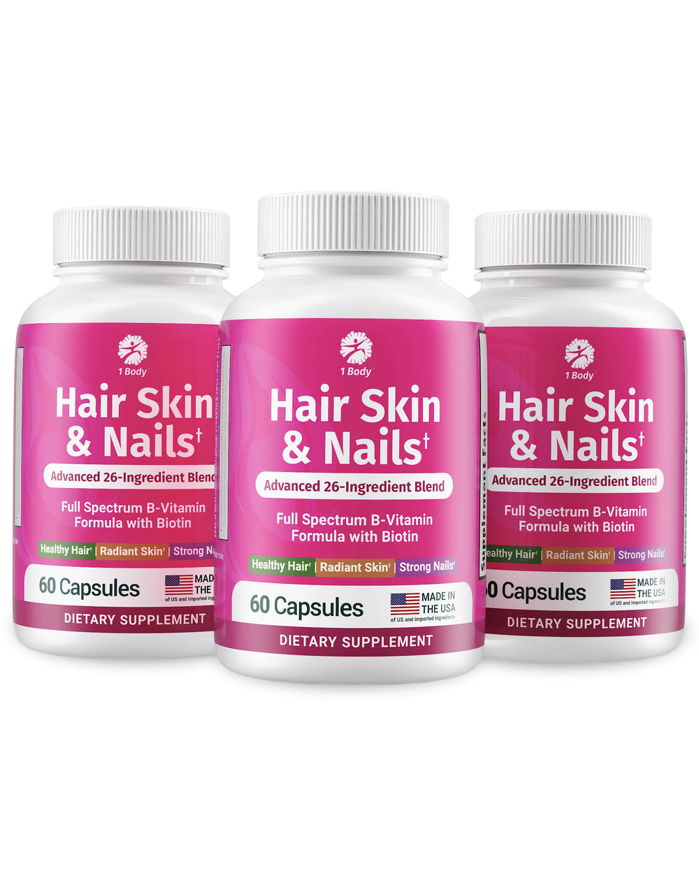 1body hair-skin-nails vitamin bottle on counter supports daily beauty nourishment.