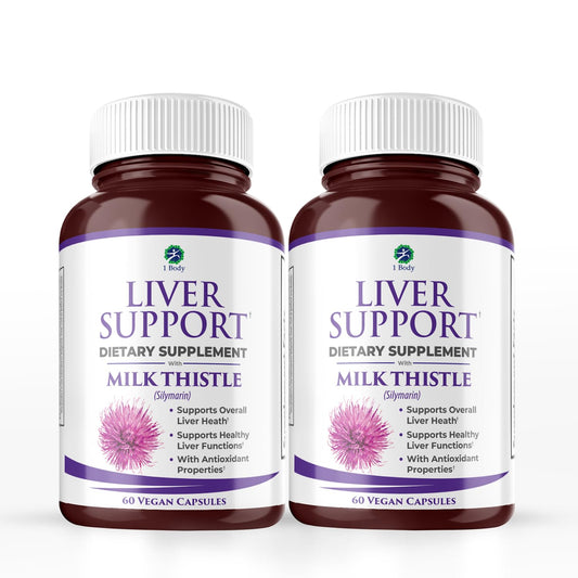 1 Body Liver Support bottle with milk thistle demonstrates liver-friendly formula for daily wellness.