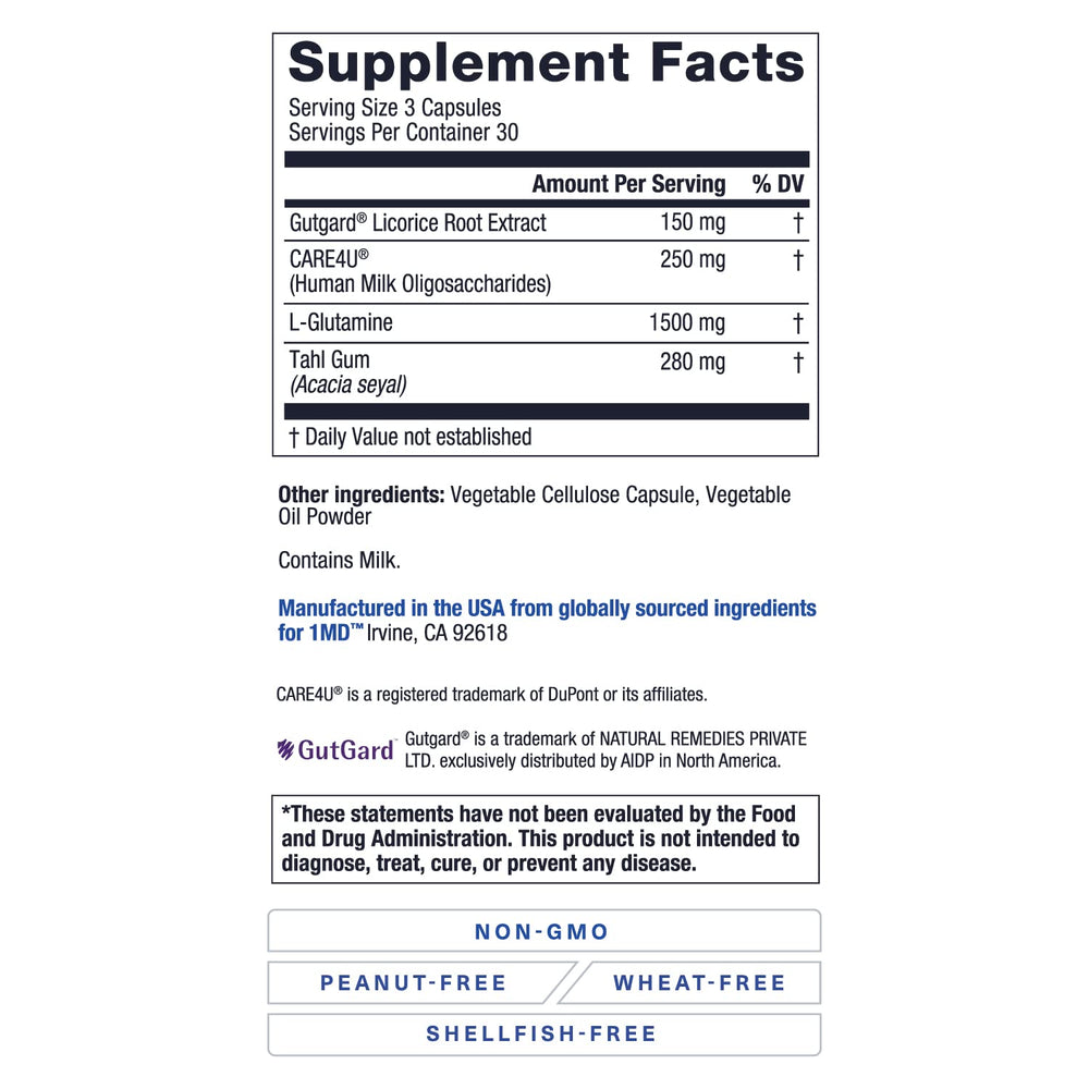 1MD GutMD ingredient close-up highlights licorice-based GutGard and acacia gum.