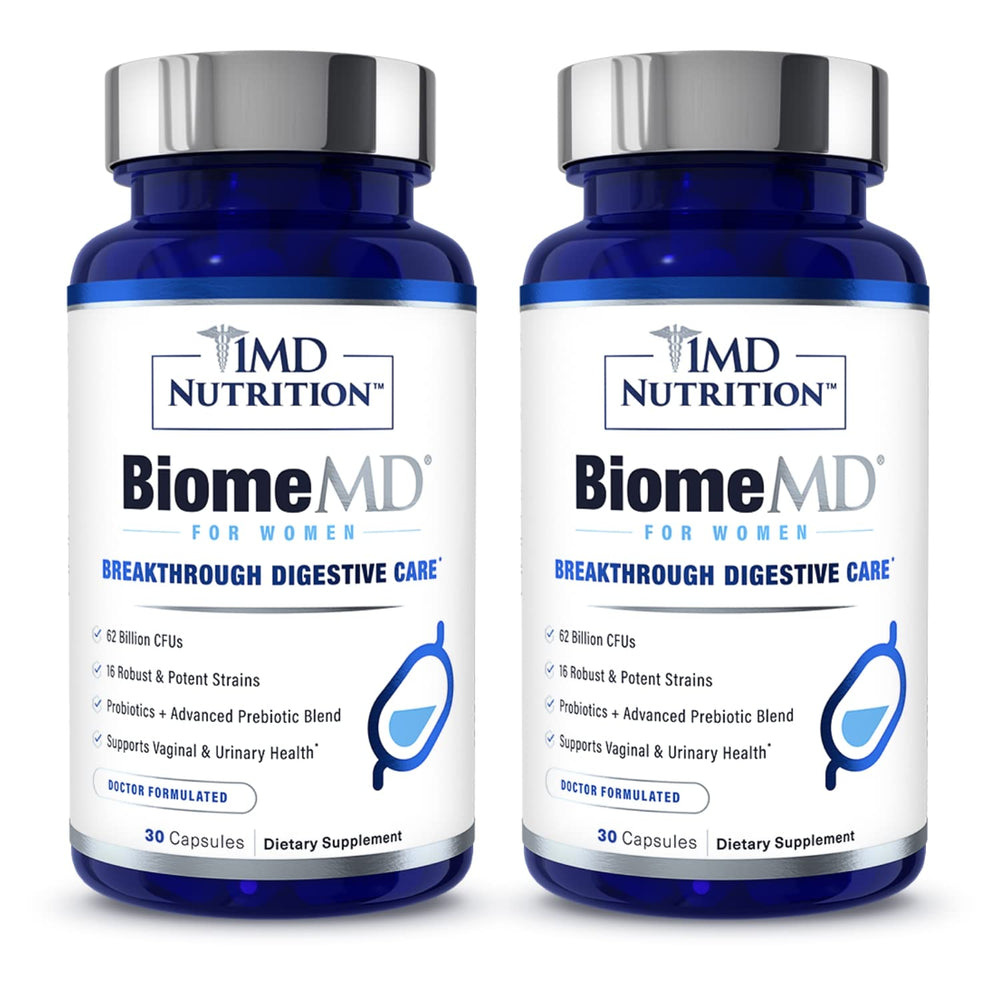 1MD BiomeMD Probiotics for Women bottle front supports digestive comfort and immune balance.