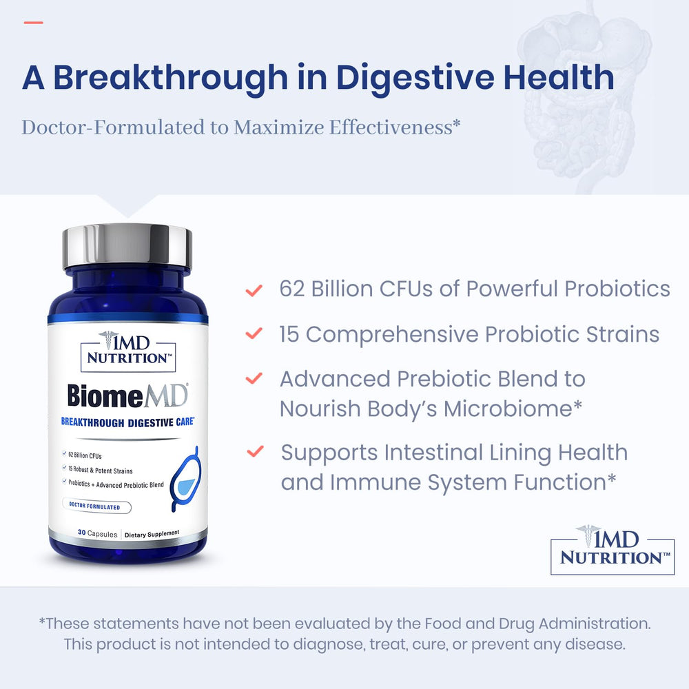 BiomeMD Probiotics label illustrates gut balance concept.