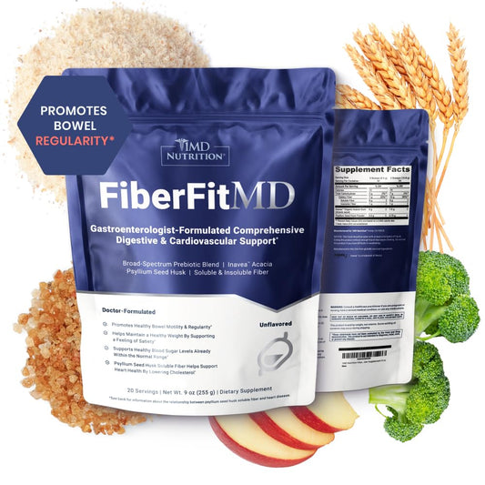 FiberFitMD bottle front promotes daily fiber intake for digestive comfort