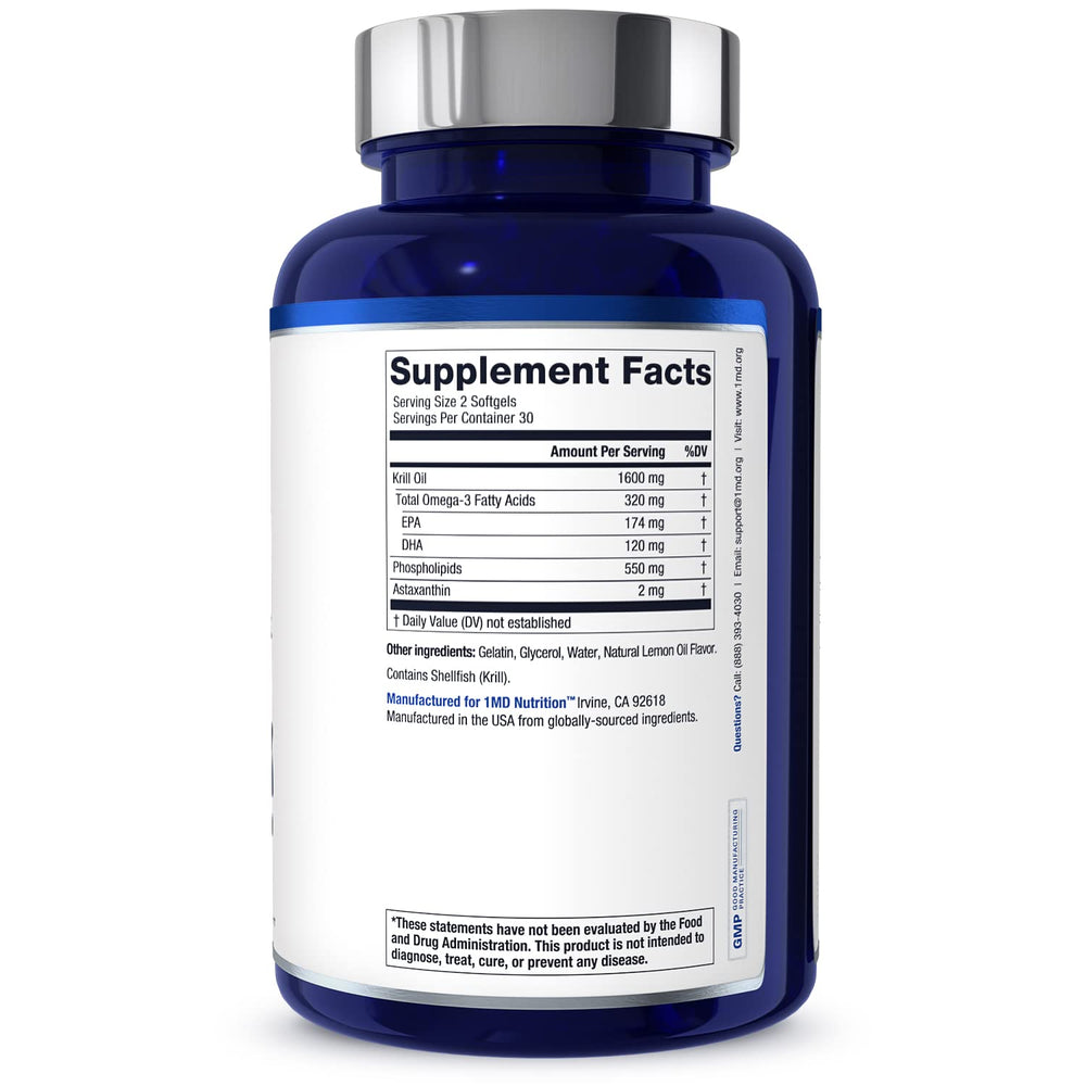 1MD Nutrition KrillMD ingredients panel with sustainably sourced krill oil.
