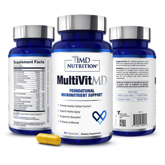 1MD Nutrition MultiVitMD bottle label shows 30 capsules for daily immune and heart health