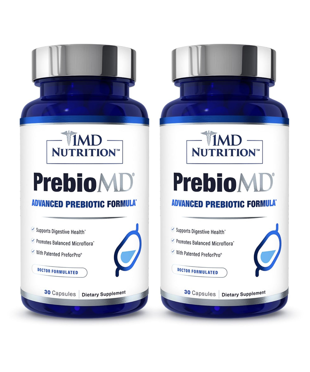 1MD Nutrition PreBioMD bottle pour for daily prebiotic use supporting gut balance.