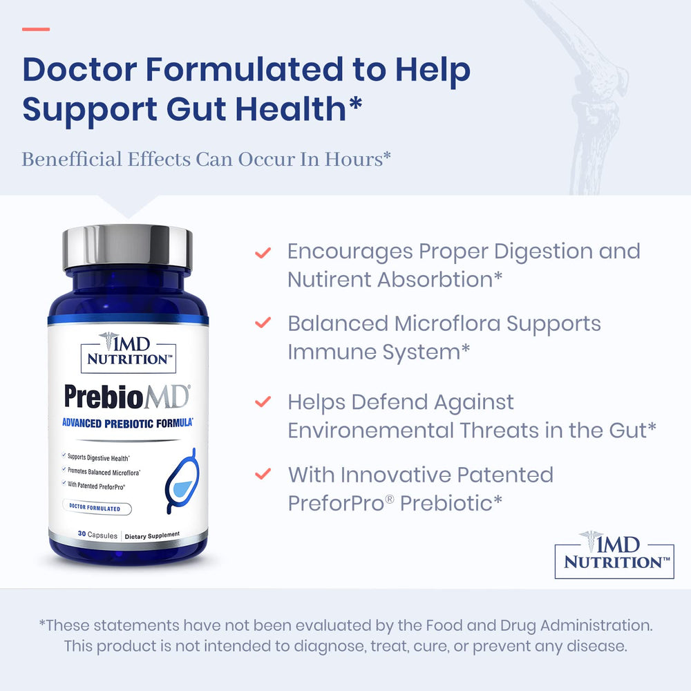 1MD Nutrition PreBioMD box packaging, featuring PreforPro powered prebiotic blend