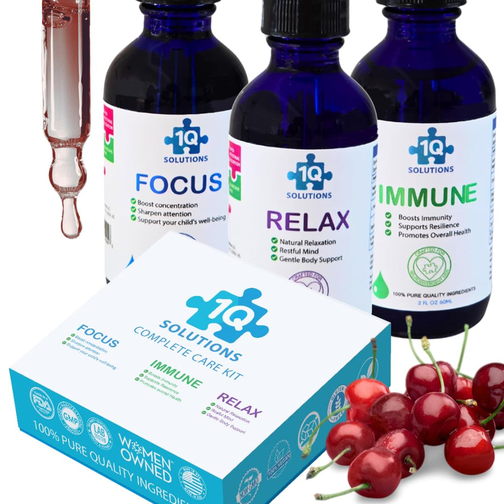 1Q Solutions Kit – three-bottle set for simple daily immune, focus, and sleep support.