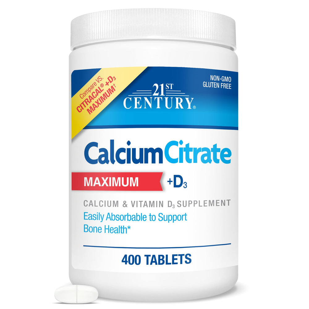 21st Century Calcium Citrate D3 Maximum bottle front shows gluten-free, high absorption formula.