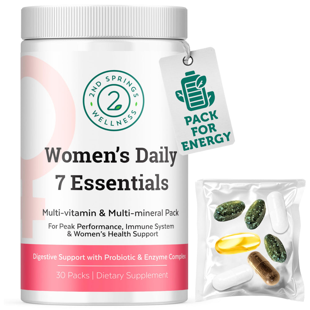 2nd Springs Daily 7 Essentials bottle image shows convenient daily vitamins for energy and wellness