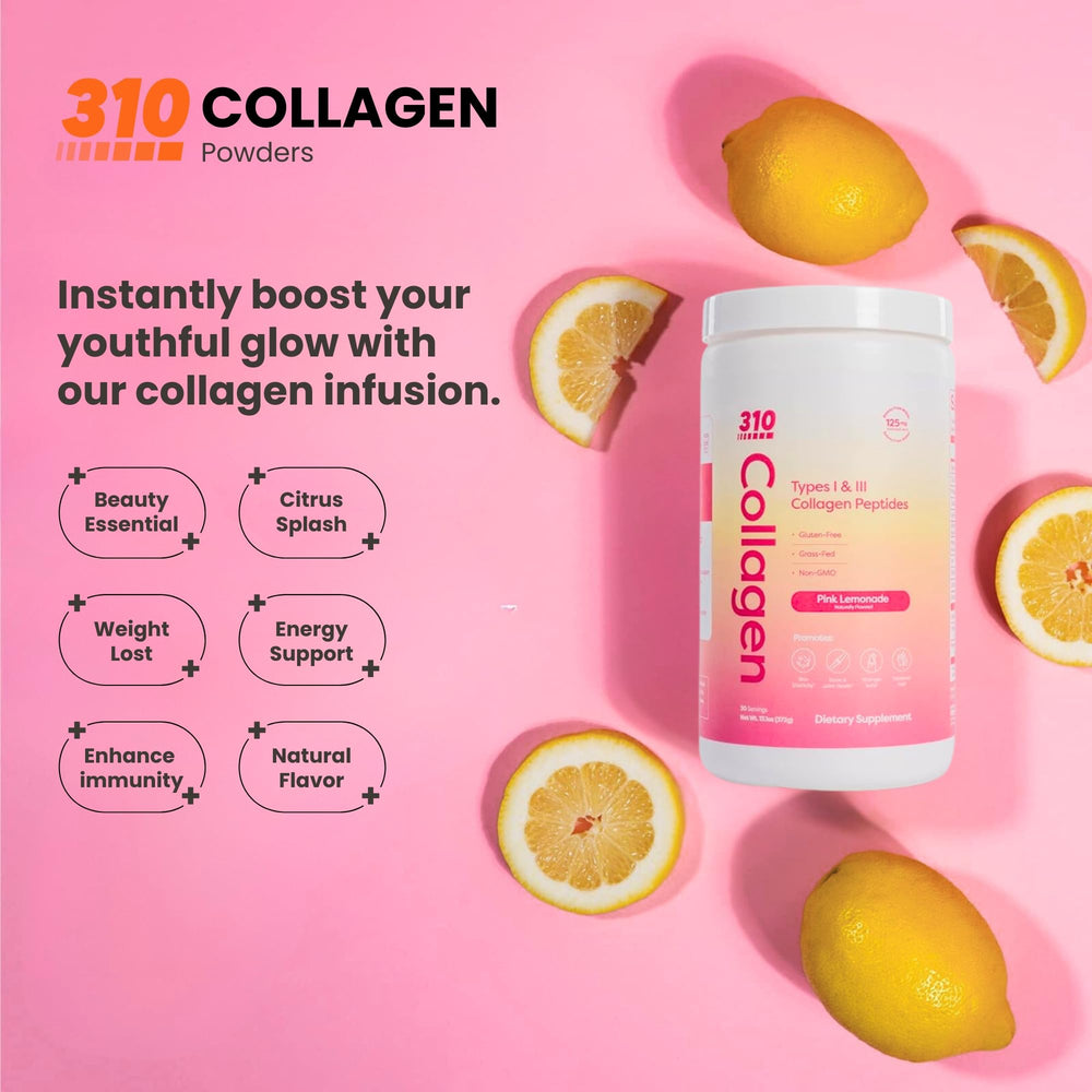 310 Nutrition Collagen Peptides Pink Lemonade glass shows refreshing mix for hydration.