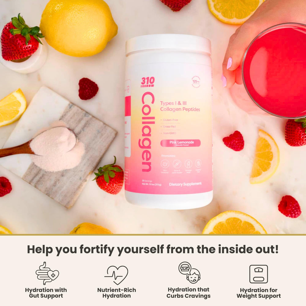 310 Nutrition Collagen Peptides vitamin label highlights vitamins C, D and E.
