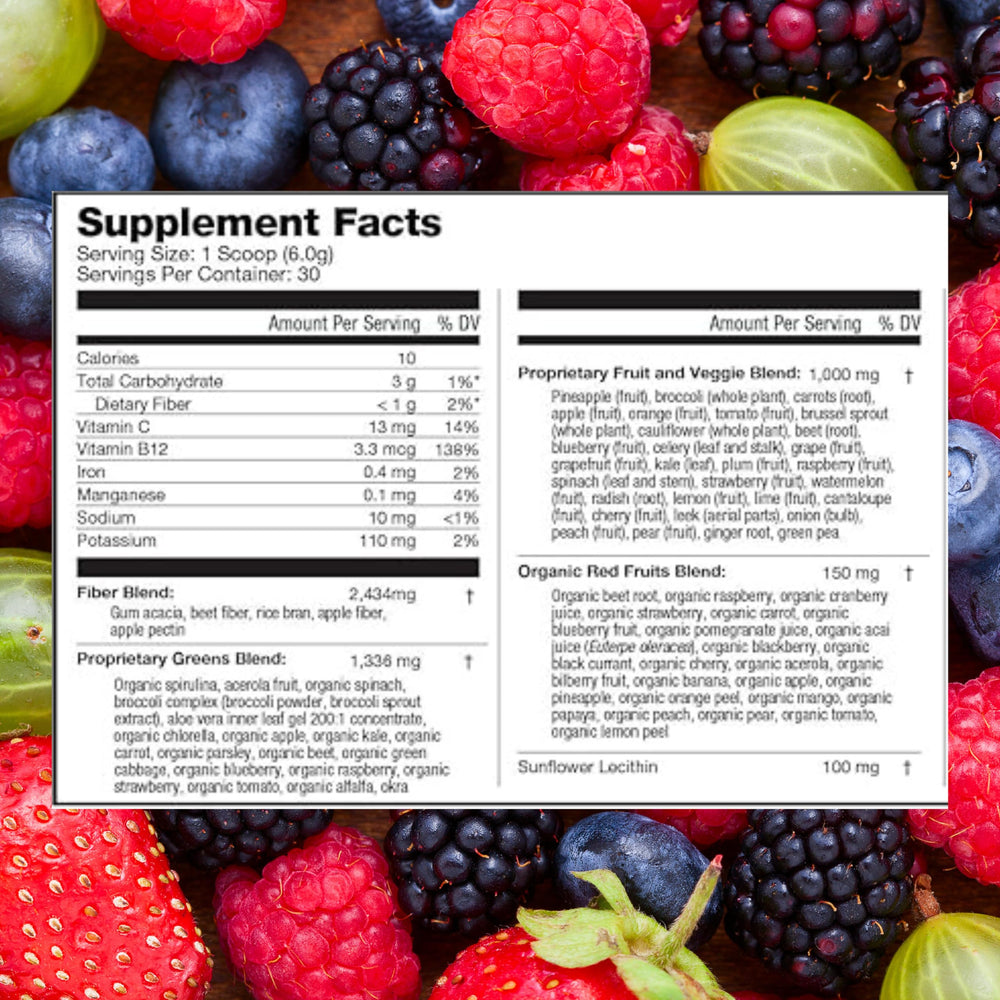 310 Nutrition greens powder tub close-up highlighting organic greens and antioxidants for vitality