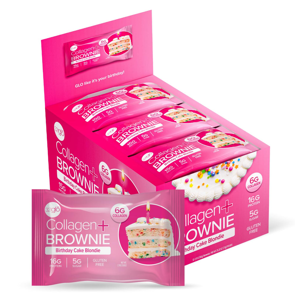 321glo collagen brownie with 16g protein per serving, ideal post-workout snack