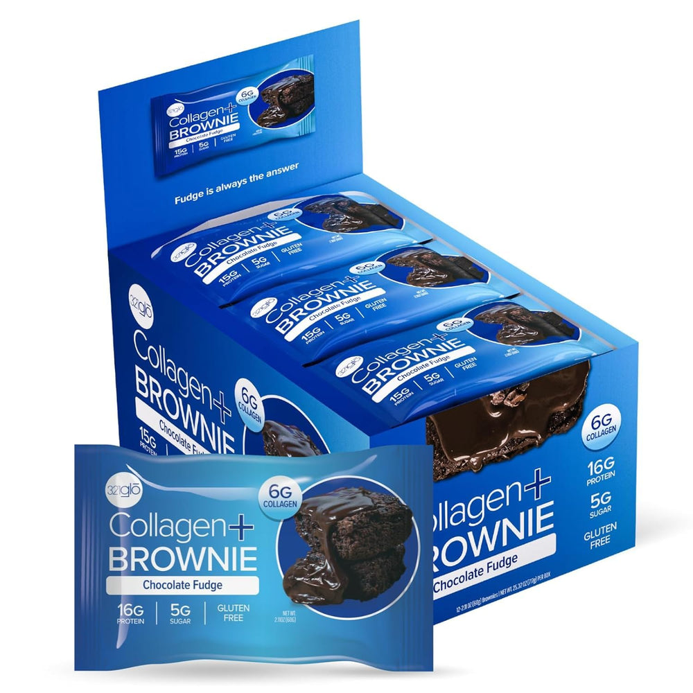 321glo Collagen Protein Brownie gluten-free label emphasizes allergen-friendly dessert without gluten.