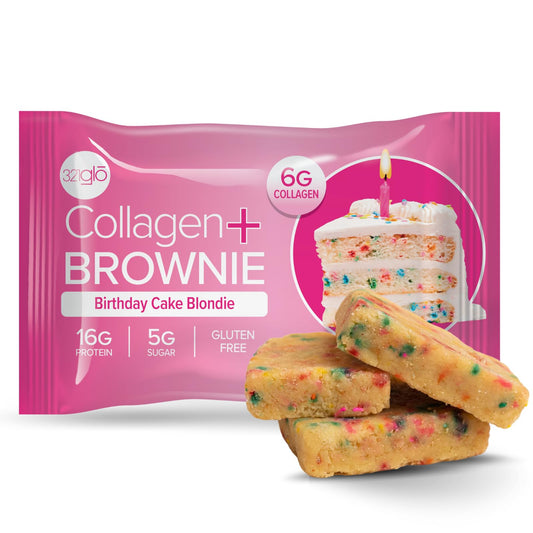 321glo collagen brownie gluten-free serving, protein-rich snack for busy days