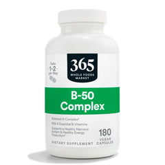 365 by Whole Foods Market Vitamin B-50 Complex bottle with vegan capsules for daily energy support.