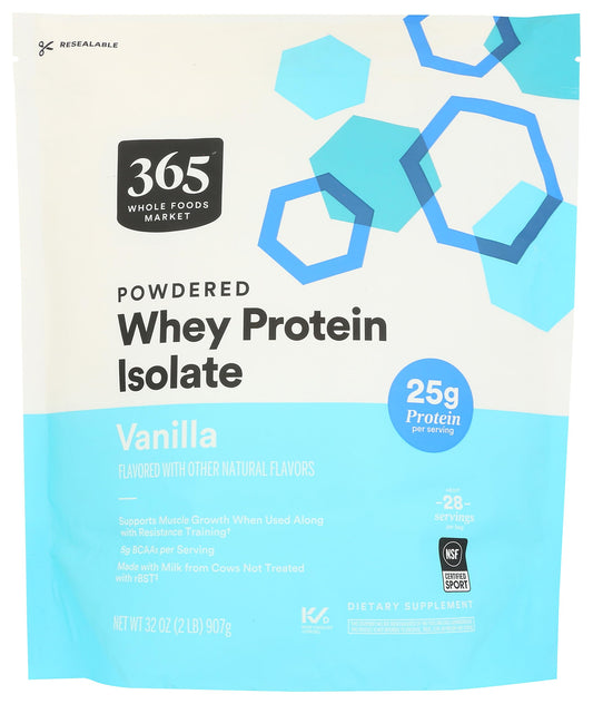 365 by Whole Foods Market whey protein isolate vanilla bottle front, high-quality protein at a glance