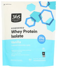 365 by Whole Foods Market whey protein isolate vanilla bottle front, high-quality protein at a glance