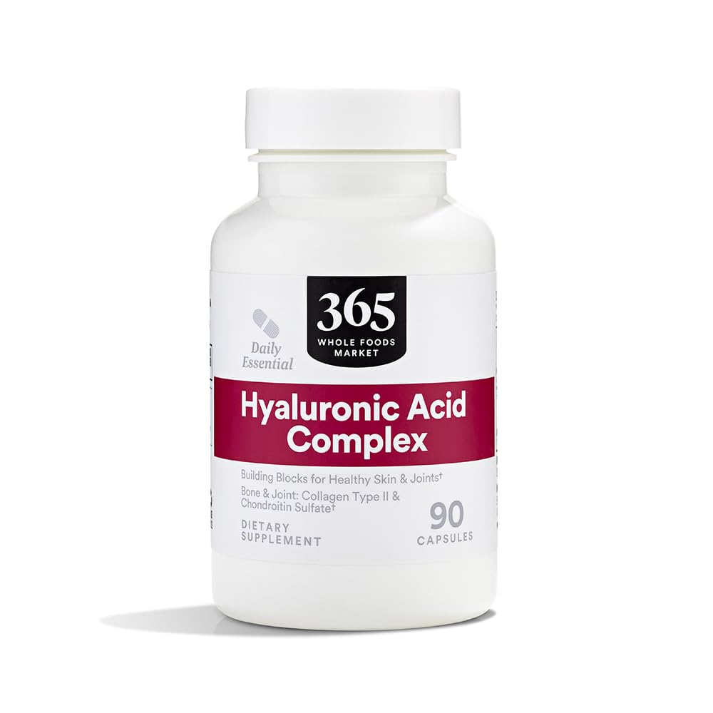 365 by Whole Foods Market Hyaluronic Acid Blend bottle label highlights collagen II for skin and joints.