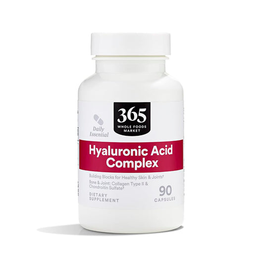 365 by Whole Foods Market Hyaluronic Acid Blend bottle label highlights collagen II for skin and joints.