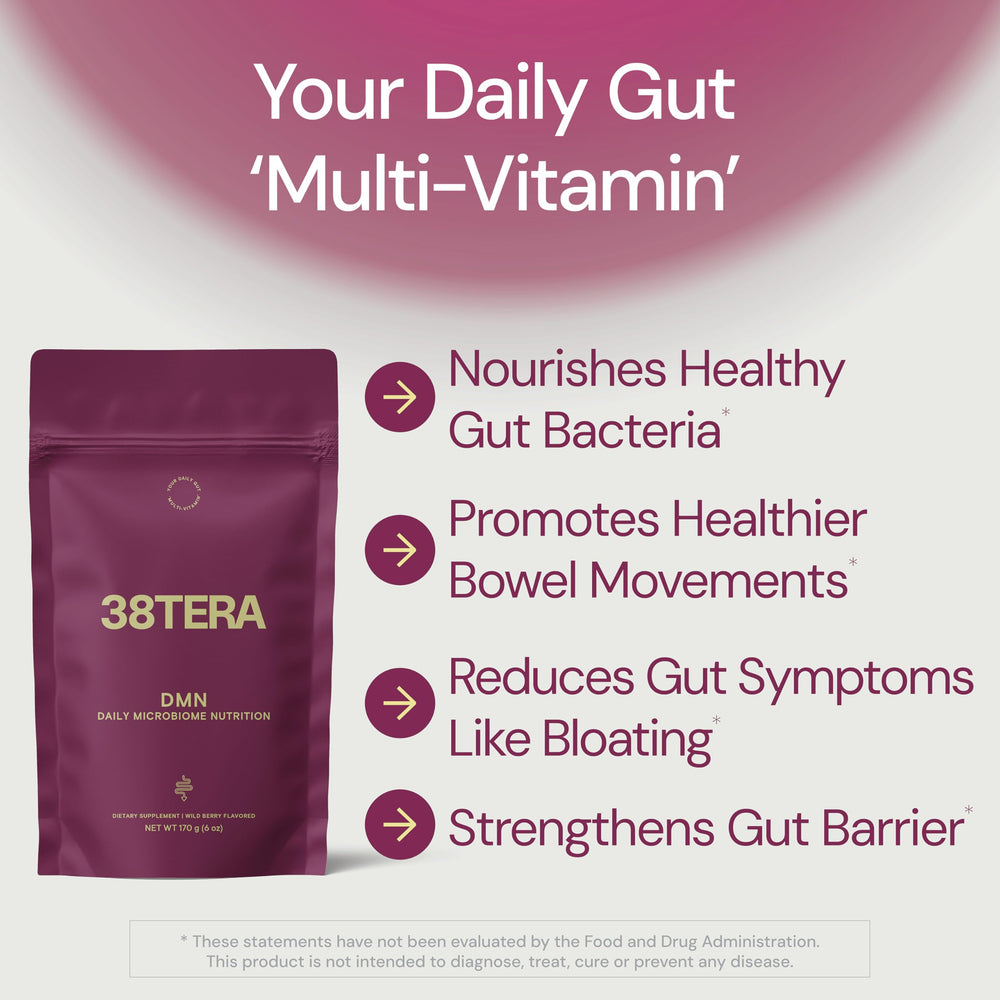 38TERA DMN ingredients close-up features green kiwifruit and lingonberry rich in prebiotic fibers.