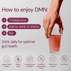 38TERA DMN label emphasizes low FODMAP and vegan formula for diverse diets.