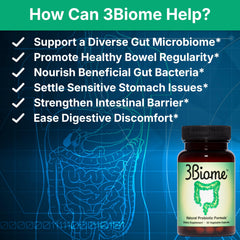 Closeup of 3Biome label highlighting non-GMO, vegan, gluten-free claims.