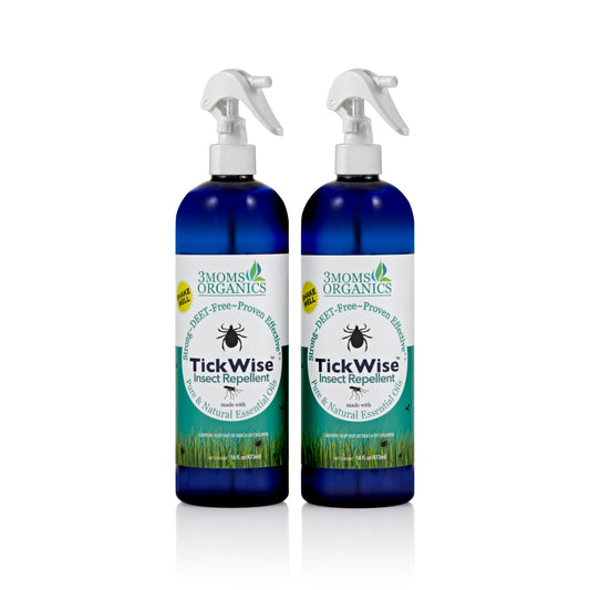 TickWise bottle in outdoor setting providing plant-based protection for the family.