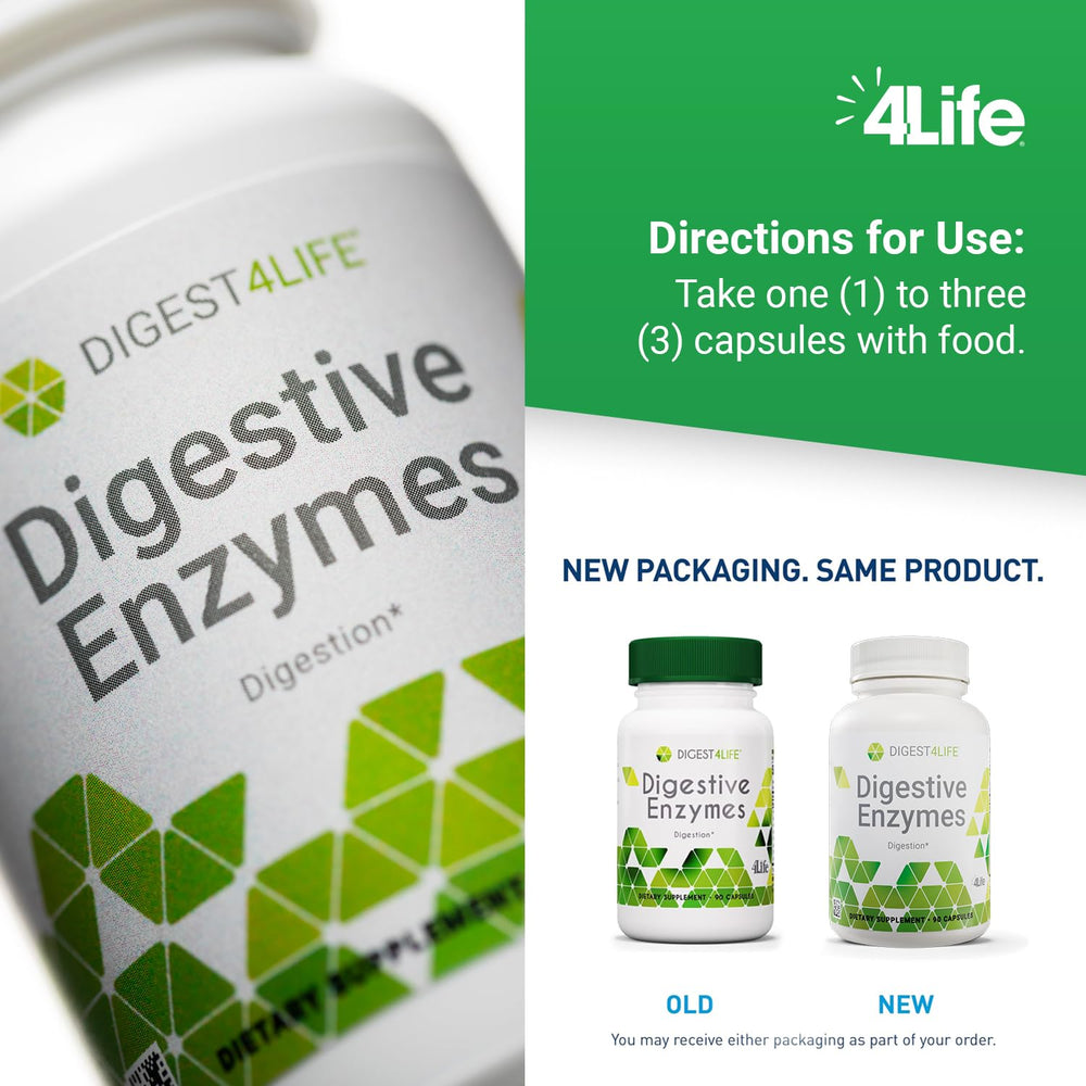 4Life Digestive Enzymes capsules pouring into hand for convenient daily use.