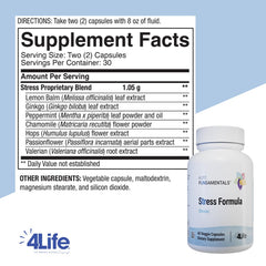 4Life Stress Formula bottle with ingredient label highlighting lemon balm