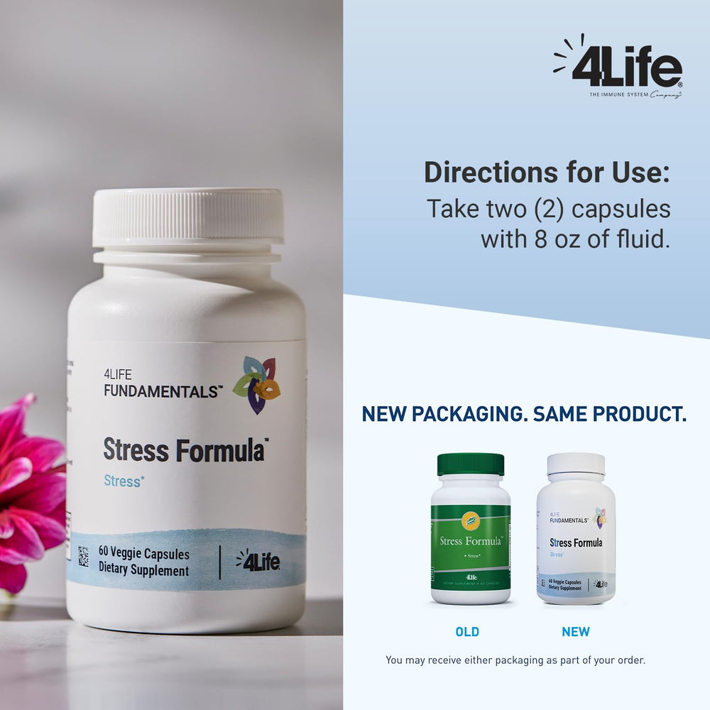 Nightstand scene with 4Life Stress Formula suggesting sleep support