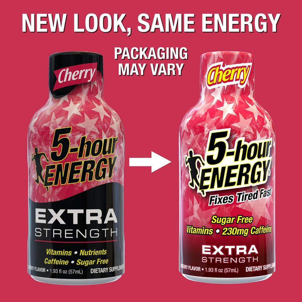 Shot in a glass from 5-hour ENERGY cherry flavor signaling long lasting energy.
