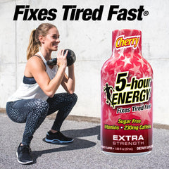 Close up of 5-hour ENERGY cherry shot label showing zero sugar and no calories.