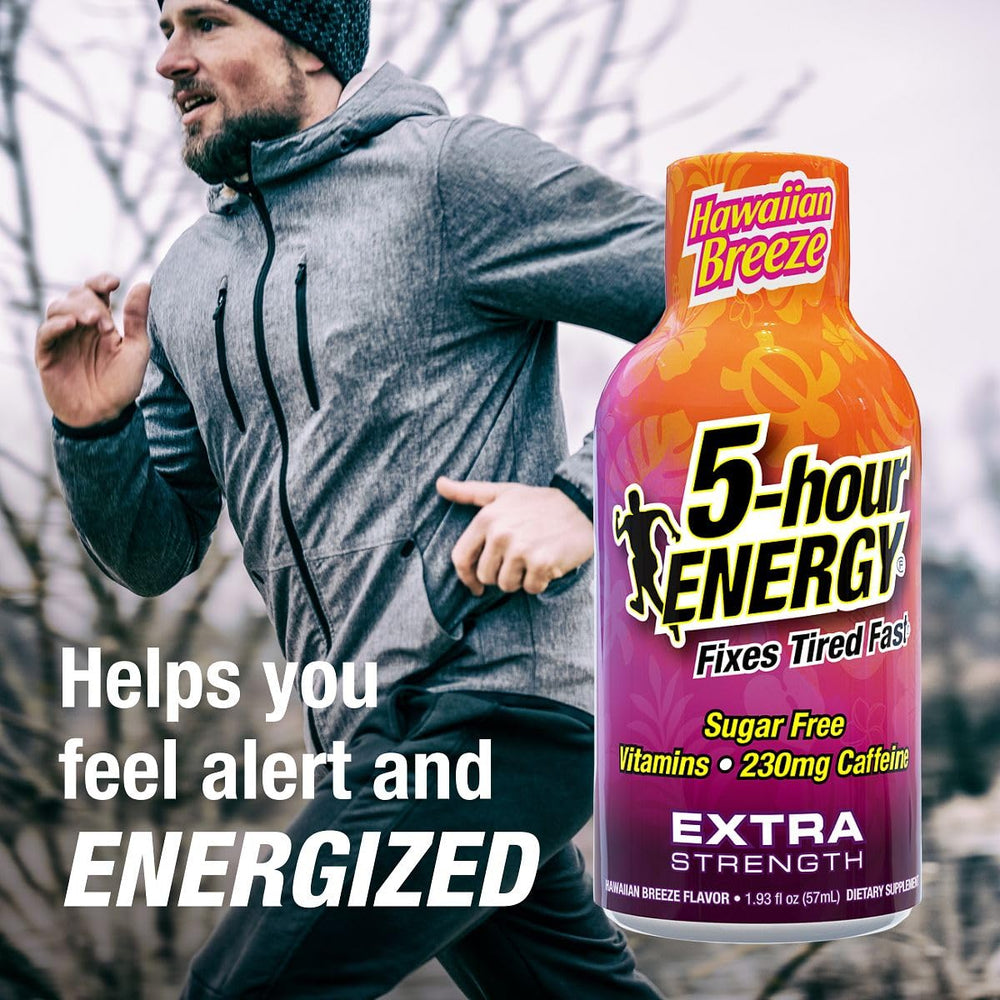 5-hour ENERGY Hawaiian Breeze pouring shot for on-the-go energy.