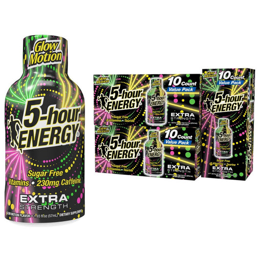 5 hour energy Glow Motion Fruity Rainbow Fusion bottle for quick zero sugar energy on the go
