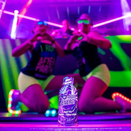 Colorful liquid swirl of 5 hour energy Glow Motion Fusion hints at fruity flavor and energy