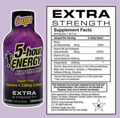 5-hour ENERGY grape shot bottle being poured into a glass for fast alertness.