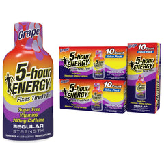 5-hour ENERGY grape shot bottle showing compact, sugar-free energy for on-the-go use