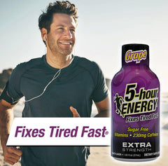 5-hour ENERGY grape shot packaging box showing compact, travel-friendly energy solution.