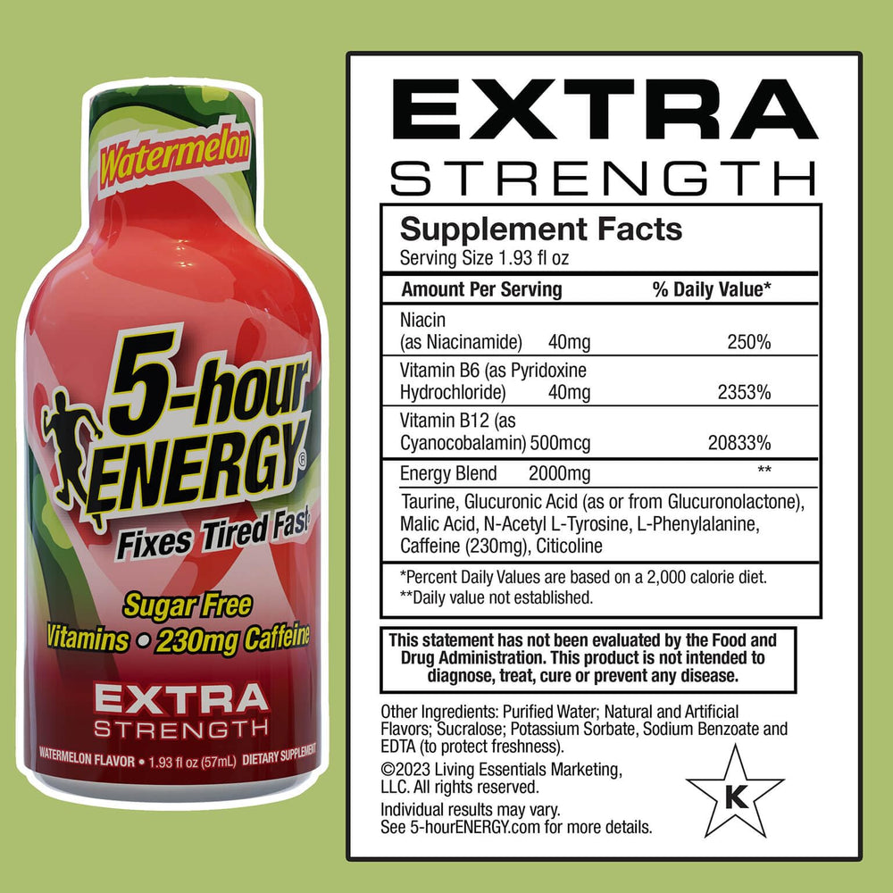 5-hour ENERGY Watermelon Shot label close-up highlights zero calories and caffeine boost