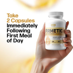 Firmetic bottle on bathroom counter beside a glass of water