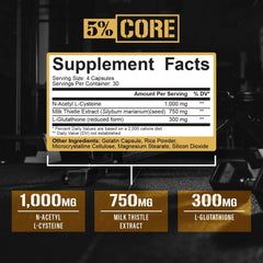 5% Nutrition Core Liver Support Glutathione bottle on shelf, boosts antioxidant defense