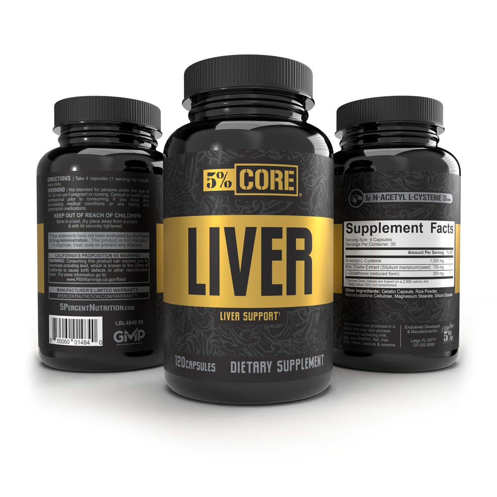 5% Nutrition Core Liver Support Milk Thistle bottle side view, promotes liver resilience after strenuous days
