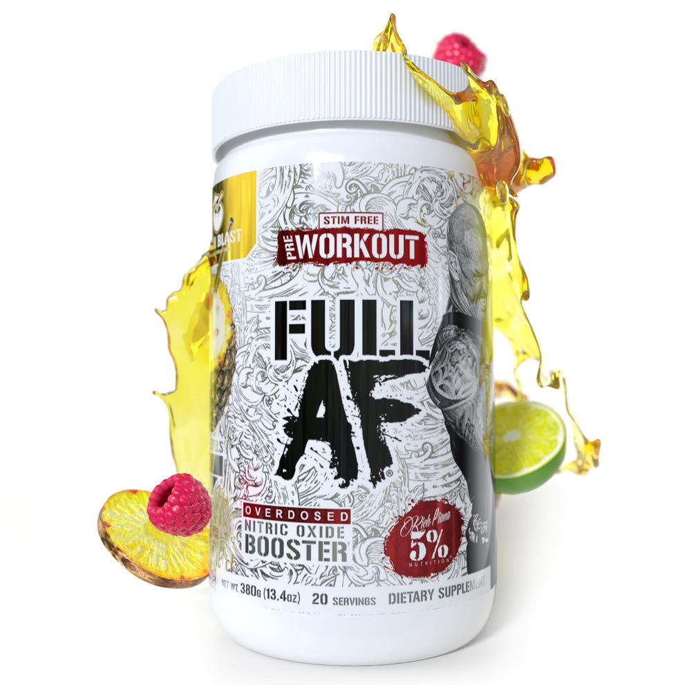 5% Nutrition FullAF Pre-Workout Beach Blast bottle pour showing pump potential