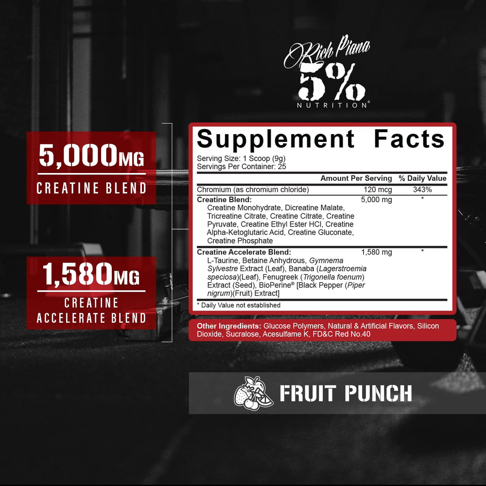 5% Nutrition CreaTEN powder scoop highlights precise dosing for consistent training support.
