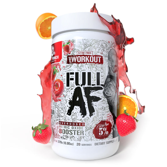 5% Nutrition FullAF pre-workout front label shows stimulant-free pumps.