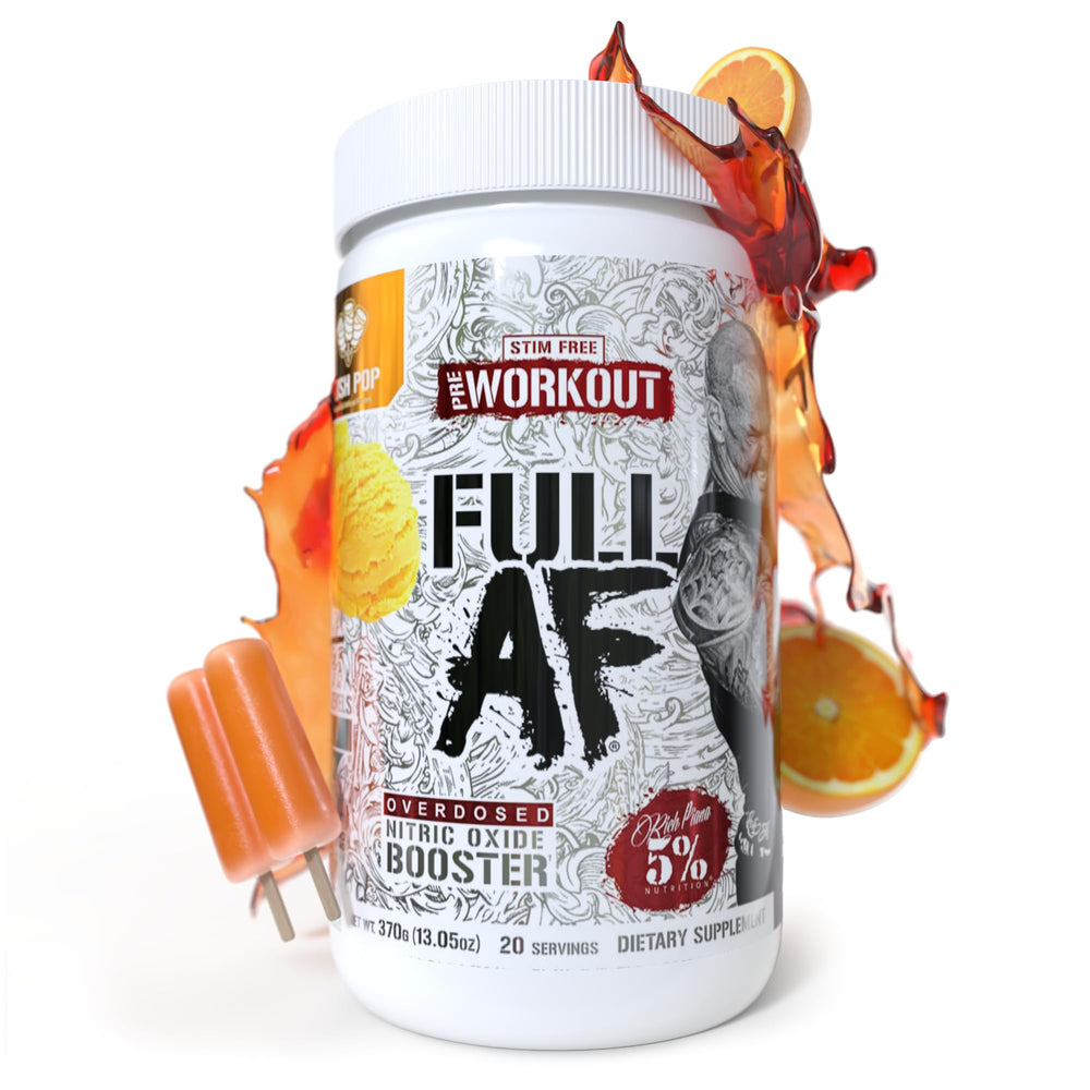 5% Nutrition FullAF Pre-Workout tub with bold label highlighting stimulant-free pump potential