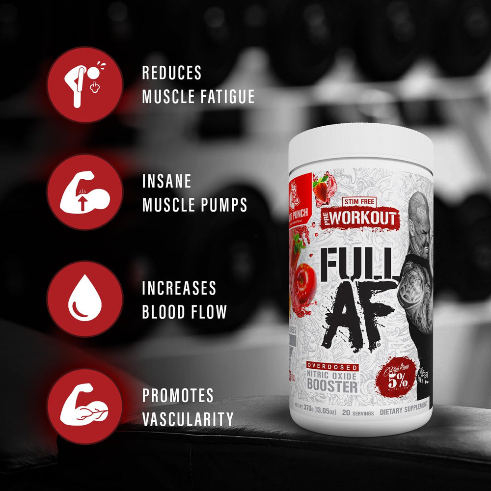 Lifestyle setup with FullAF stacked beside other 5% Nutrition products.