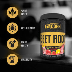 5% Nutrition Organic Core Beet Root powder dissolving in water for a quick pre-workout lift.