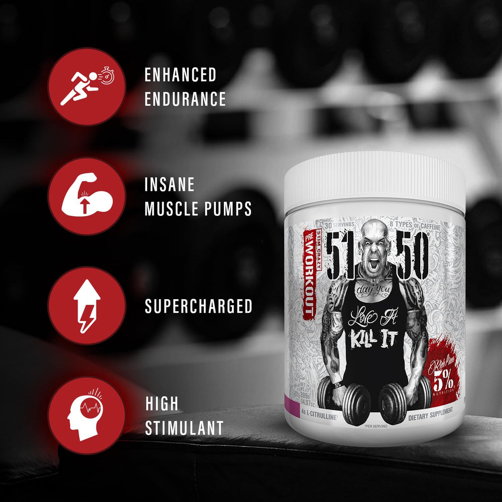 Close-up of 5% Nutrition Rich Piana 5150 Blue Ice label highlighting ingredients.